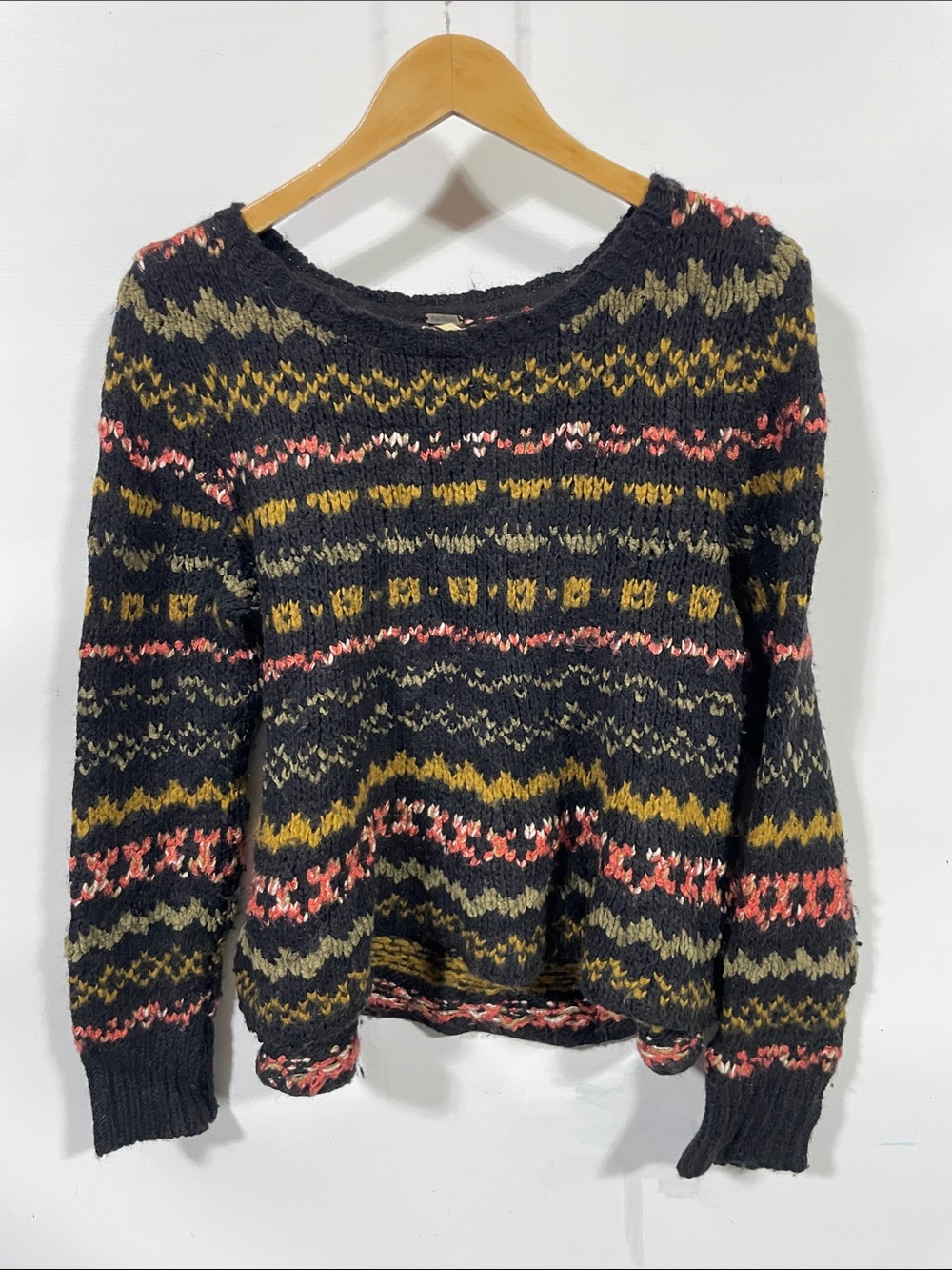 Free People Black Multicolor Fair Isle Crewneck Sweater